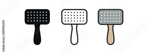 grooming brush icons three pet brush silhouettes with bristle pattern one flat solid monochrome one thin black outline black and white one full color flat icon neutral handle and soft accent