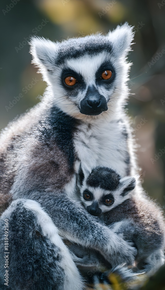 Obraz premium Gentle mother lemur embraces her baby a tender wildlife portrait full of serene forest light
