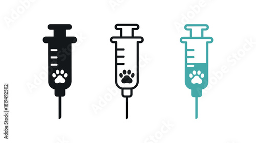vaccination syringe icons three syringe silhouettes with tiny paw detail one flat solid monochrome one thin black outline black and white one full color flat icon white and teal