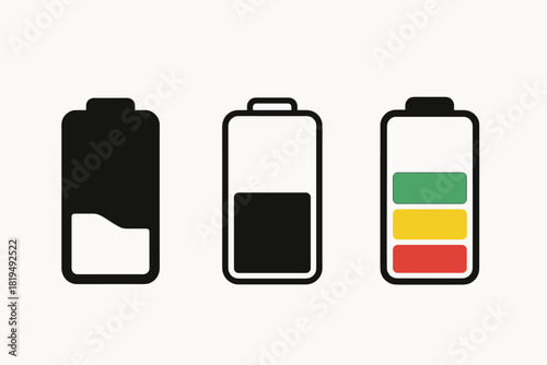 burnout level icons three battery icons with low mid full icons one flat solid monochrome one thin black outline black and white one full color flat icon red green