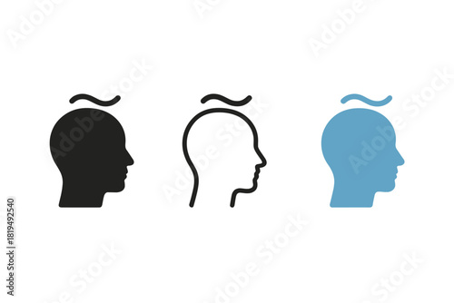 headache relief icons three head silhouettes with small soothing wave one flat solid monochrome one thin black outline black and white one full color flat icon blue