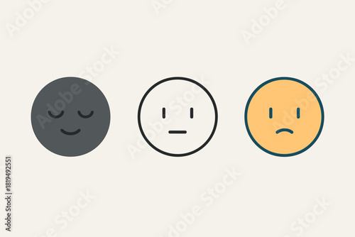 mood circle icons three circle faces with calm neutral and focused expressions one flat solid monochrome one thin black outline black and white one full color flat icon modern UI colors