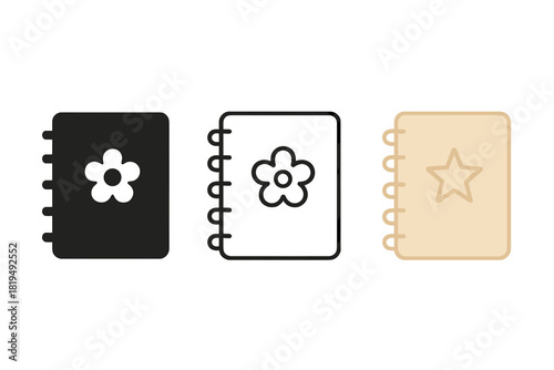 journaling icons three notebook silhouettes with tiny flower or one flat solid monochrome one thin black outline black and white one full color flat icon warm beige