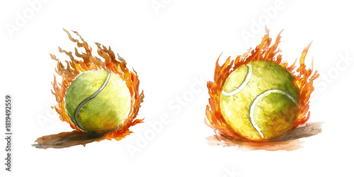 tennis ball on fire watercolor vector illustration