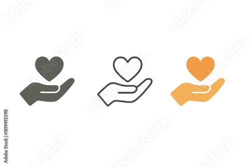 gratitude practice icons three hand holding small heart icons one flat solid monochrome one thin black outline black and white one full color flat icon warm orange