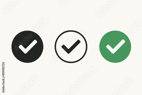 positive habit icons three checkmark circle silhouettes one flat solid monochrome one thin black outline black and white one full color flat icon green