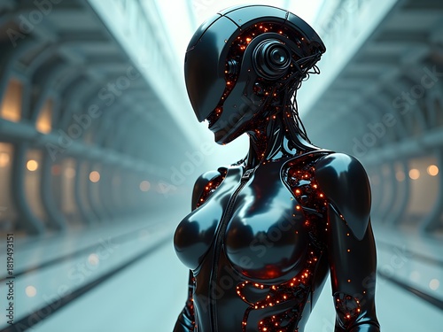 statue of a cyborg woman in the city