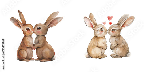 valentines bunnies couple watercolor vector illustration