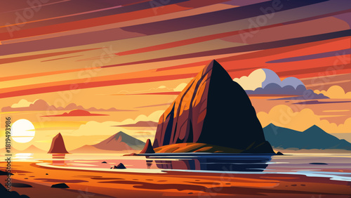 Very beautiful view of Haystack Rock at Cannon Beach, Oregon, during sunset, with warm golden light reflecting off the sand and ocean waves, and the iconic sea stack silhouetted against a colorful sky