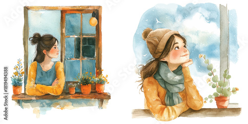 woman daydreaming at the window watercolor vector illustration