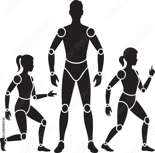 Silhouettes of Male and Female Figures in Poses with Joint Markings