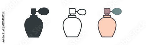 perfume bottle icons three perfume bottle icons one flat solid monochrome one thin black outline black and white one full color flat icon soft pastel tones elegant look
