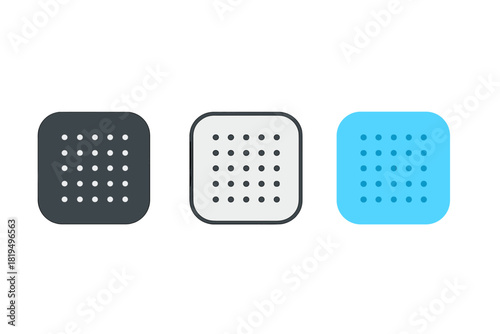 habit tracker icons three rounded with tiny dot grid inside one flat solid monochrome one thin black outline black and white one full color flat icon modern UI colors
