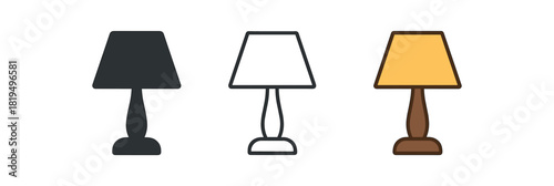 lamp icons three table lamp icons one flat solid monochrome one thin black outline black and white one full color flat icon with light cozy home style