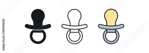 baby pacifier icons three pacifier icons one flat solid monochrome one thin black outline black and white one full color flat icon pastel colors baby theme