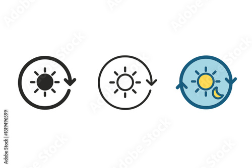 daily routine icons three simple circular arrows around tiny sun or moon one flat solid monochrome one thin black outline black and white one full color flat icon and blue