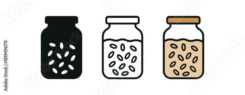 zero waste jar icons three zero waste pantry jar icons one flat solid monochrome one thin black outline black and white one full color flat icon filled with beige grains