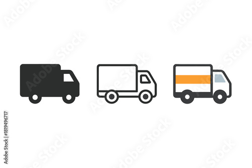 delivery truck icons three delivery truck side view icons one flat solid monochrome one thin black outline black and white one full color flat icon white truck with bright accent