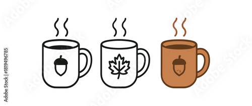 Flat vector illustration cozy mugs with steam and tiny acorn or leaf icons soft rounded shapes clean outline one black and white flat version one outline version one color version textile