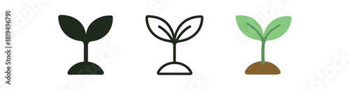 plant sprout icons three plant sprout icons one flat solid monochrome one thin black outline black and white one full color flat icon soft green with tiny soil base