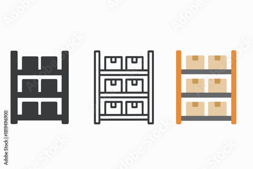 shelf rack icons three warehouse rack icons with pallets on levels one flat solid monochrome one thin black outline black and white one full color flat icon orange beams and gray shelves