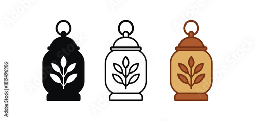Flat vector illustration lanterns with tiny leaf cutouts rounded silhouettes clean outline one black and white flat version one outline version one color version textile style like sample