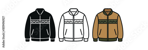Flat vector illustration light jackets with small pattern bands rounded silhouettes clean outline one black and white flat version one outline version one color version textile style like