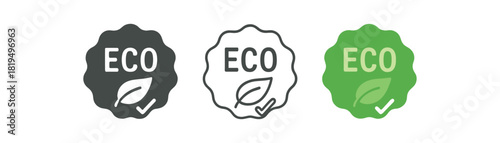 eco label icons three eco label badge icons one flat solid monochrome one thin black outline black and white one full color flat icon green with small checkmark