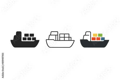 cargo ship icons three container ship side view icons with stacked boxes one flat solid monochrome one thin black outline black and white one full color flat icon dark hull and colorful