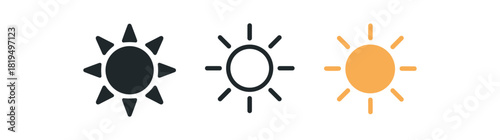 sun icons three sun icons one flat solid monochrome one thin black outline black and white one full color flat icon warm clean eco energy style