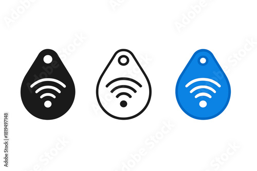 rfid tag icons three small rounded tags with radio wave arcs one flat solid monochrome one thin black outline black and white one full color flat icon blue and white
