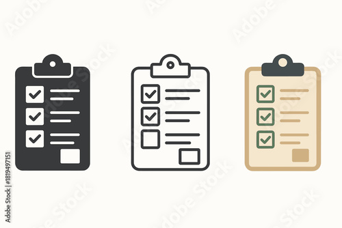 inventory clipboard icons three clipboard icons with checkmark list and small box one flat solid monochrome one thin black outline black and white one full color flat icon beige board and