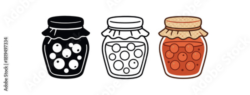 Flat vector illustration jars of jam and preserves with small fabric covers rounded shapes clean outline one black and white flat version one outline version one color version textile style