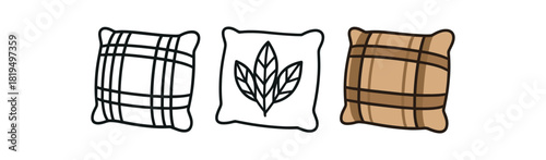 Flat vector illustration cozy cushions with plaid or leaf prints soft rounded forms clean outline one black and white flat version one outline version one color version textile style like