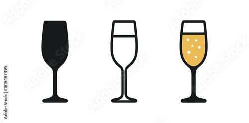 champagne glass icons three champagne glass icons one flat solid monochrome one thin black outline black and white one full color flat icon with golden drink and bubbles