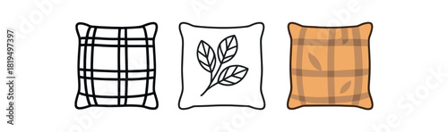 Flat vector illustration cozy cushions with plaid or leaf prints soft rounded forms clean outline one black and white flat version one outline version one color version textile style like