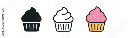 cupcake icons three cupcake icons one flat solid monochrome one thin black outline black and white one full color flat icon with pink frosting and sprinkles