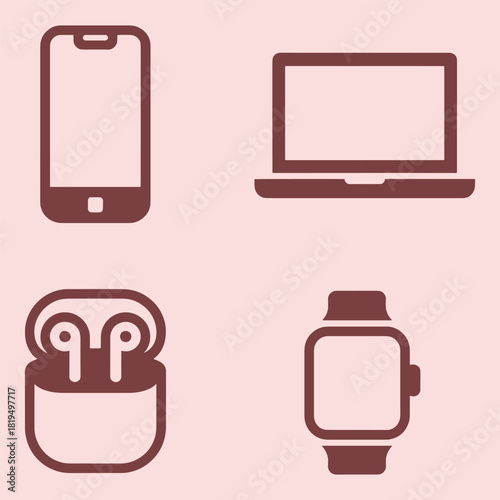 Four digital device icons including smartphone laptop earbuds and smartwatch on pink background technology