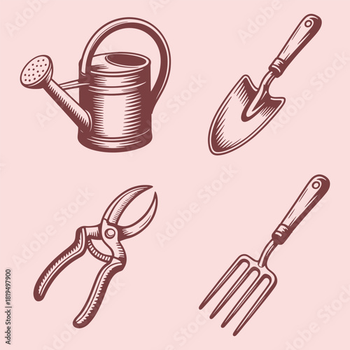 Vintage garden tools watering can trowel pruning shears fork illustration vector