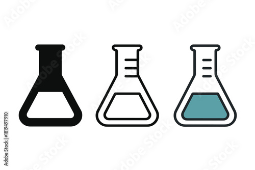 lab flask icons three conical flask icons with liquid level one flat solid monochrome one thin black outline black and white one full color flat icon clear glass and colored liquid