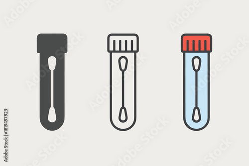 swab test icons three cotton swab and tube icons one flat solid monochrome one thin black outline black and white one full color flat icon white swab and red or blue tube cap