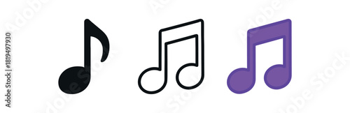 music note icons three music note icons one flat solid monochrome one thin black outline black and white one full color flat icon purple party tone