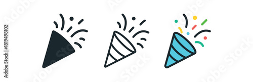 confetti cone icons three confetti cone icons one flat solid monochrome one thin black outline black and white one full color flat icon with multicolor confetti pieces