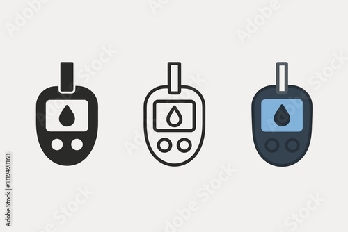 glucometer icons three blood glucose meter icons with droplet symbol one flat solid monochrome one thin black outline black and white one full color flat icon dark body and blue accent