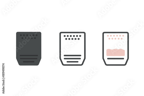 biopsy sample icons three small tissue cassette or slide icons one flat solid monochrome one thin black outline black and white one full color flat icon white and soft pink