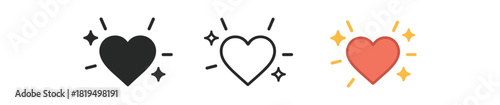 celebration heart icons three heart celebration icons one flat solid monochrome one thin black outline black and white one full color flat icon with small sparkles