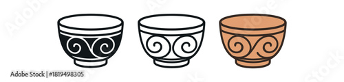 Flat vector illustration small decorative bowls with soft pattern lines rounded shapes clean outline one black and white flat version one outline version one color version