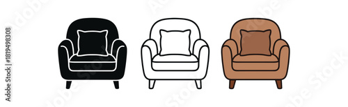 Flat vector illustration chairs with pillows and soft cushions rounded forms clean outline one black and white flat version one outline version one color version