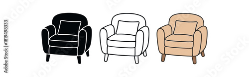 Flat vector illustration chairs with pillows and soft cushions rounded forms clean outline one black and white flat version one outline version one color version