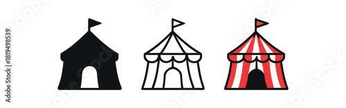 circus tent icons three circus tent icons one flat solid monochrome one thin black outline black and white one full color flat icon red and white stripes